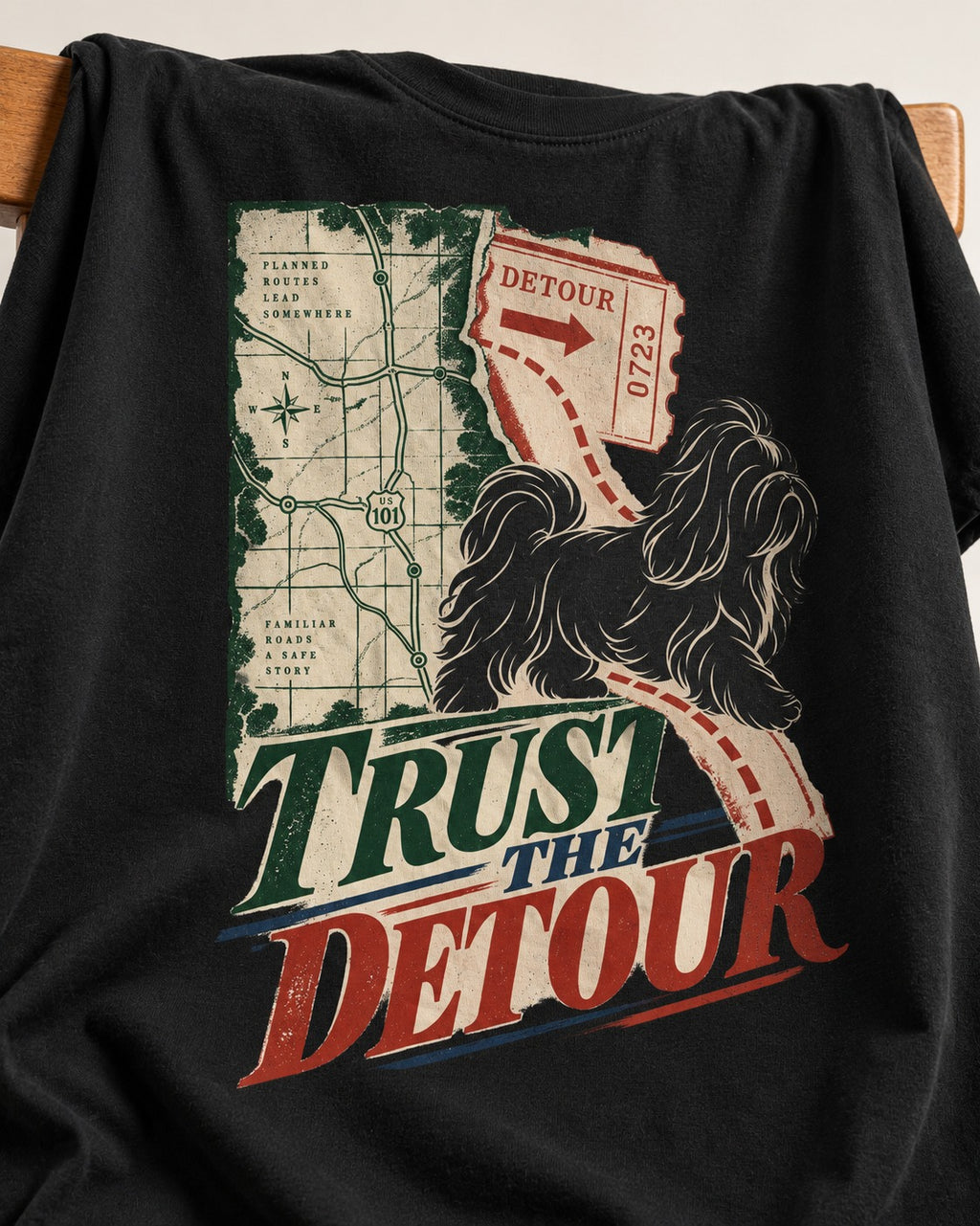 Shih Tzu Trust the Detour Road Map Graphic T-Shirt in Black, close-up of the graphic