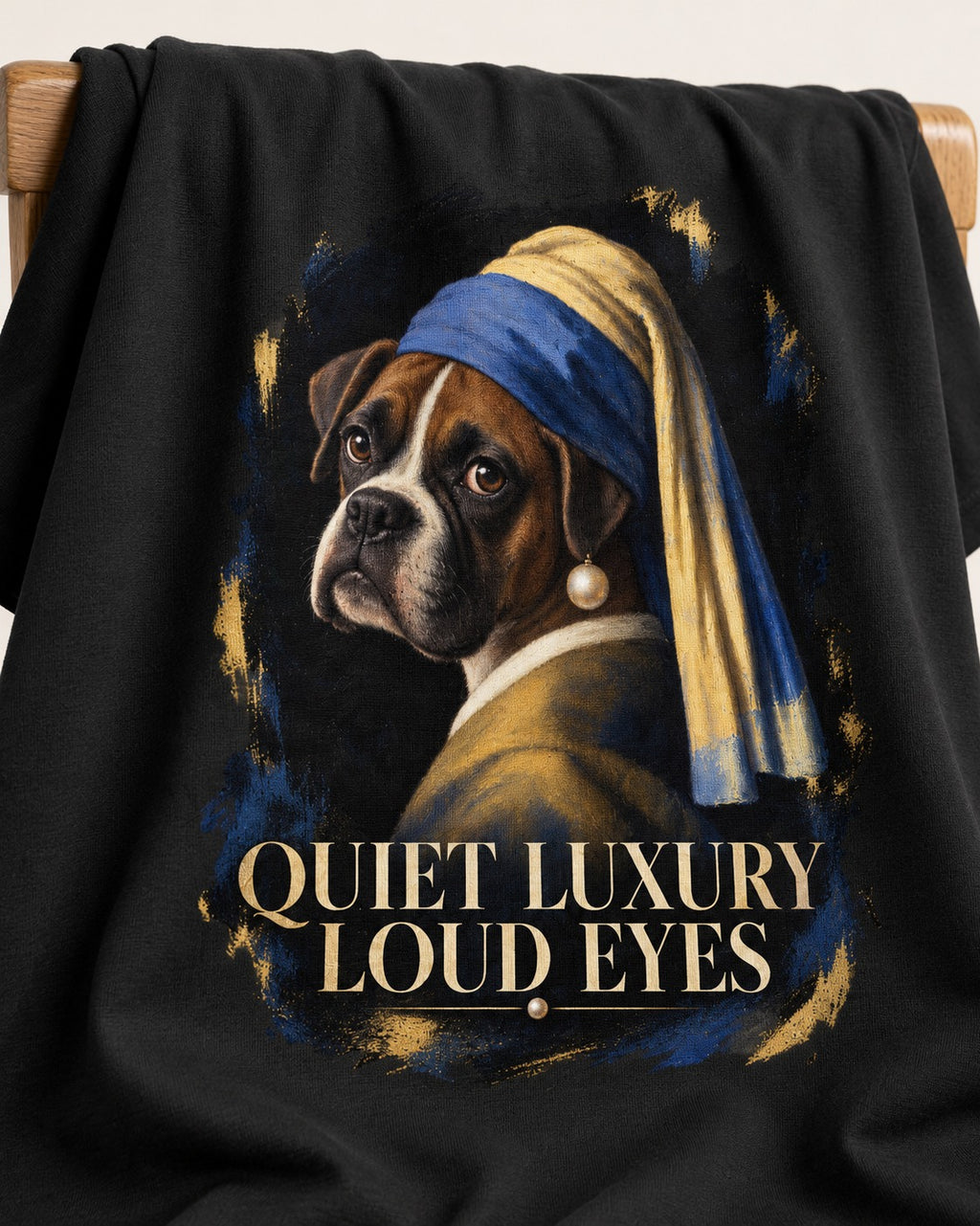 Quiet Luxury Loud Eyes Boxer Pearl Portrait T-Shirt in Black, close-up of the graphic