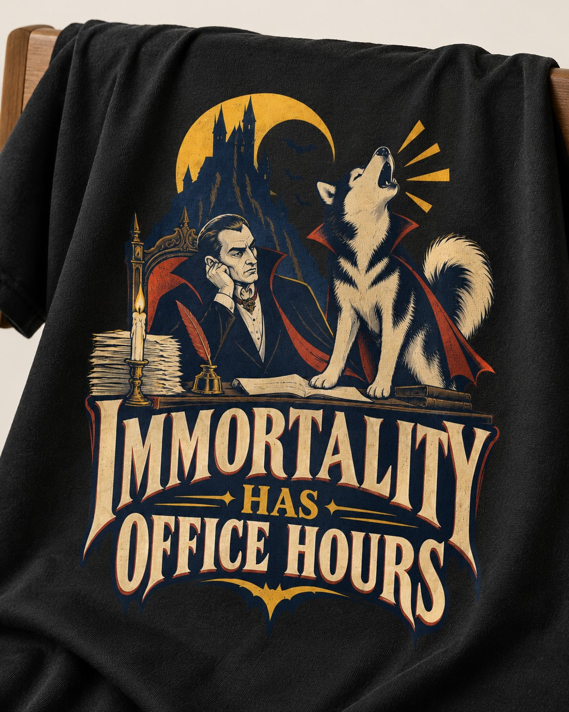 Husky Immortality Has Office Hours Vampire Office Graphic T-Shirt in Black, close-up of the graphic