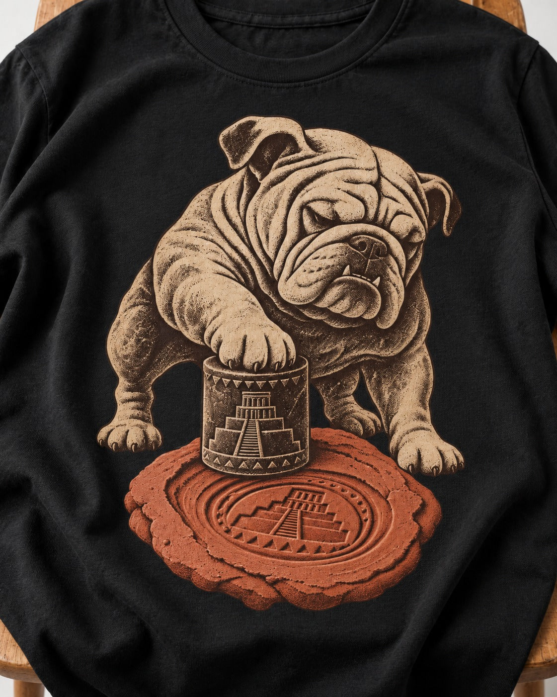 English Bulldog Ancient Cylinder Seal Graphic T-Shirt in Black, close-up of the graphic