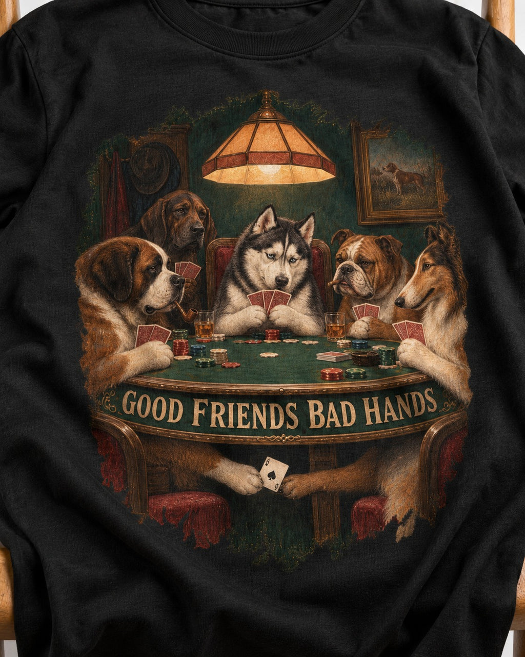 Husky Good Friends Bad Hands Poker Night Graphic T-Shirt in Black, close-up of the graphic