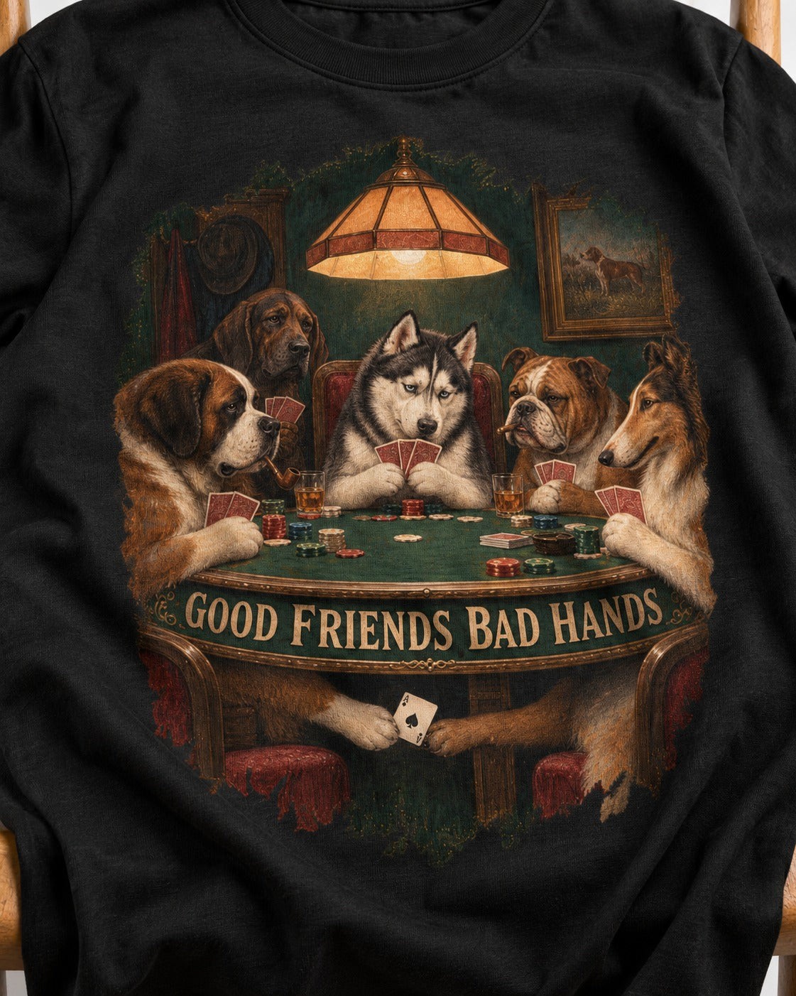 Husky Good Friends Bad Hands Poker Night Graphic T-Shirt in Black, close-up of the graphic
