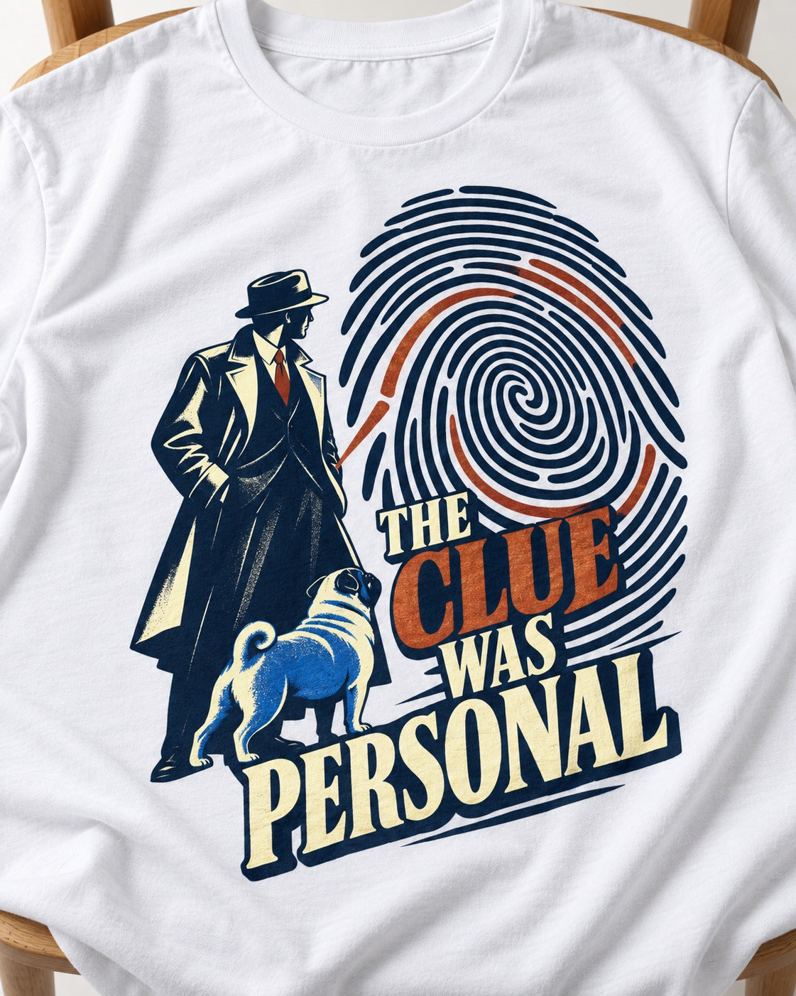 The Pug Clue Was Personal T-Shirt in White, close-up of the graphic