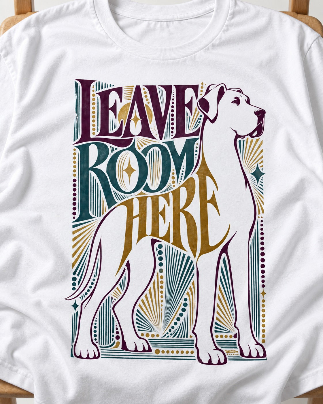 Leave Room for Great Dane T-Shirt in White, close-up of the graphic
