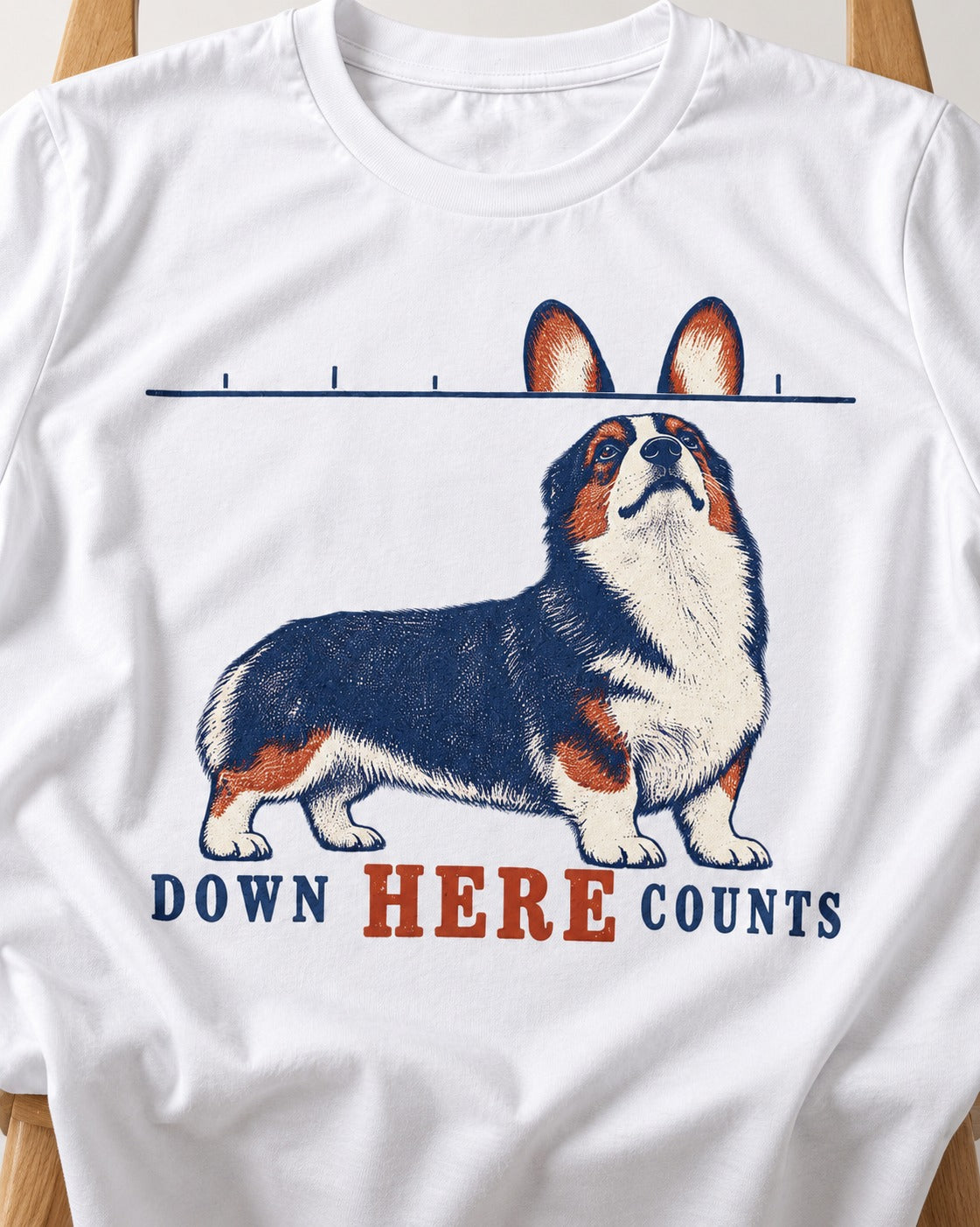Corgi Down Here Counts Height Line T-Shirt in White, close-up of the graphic