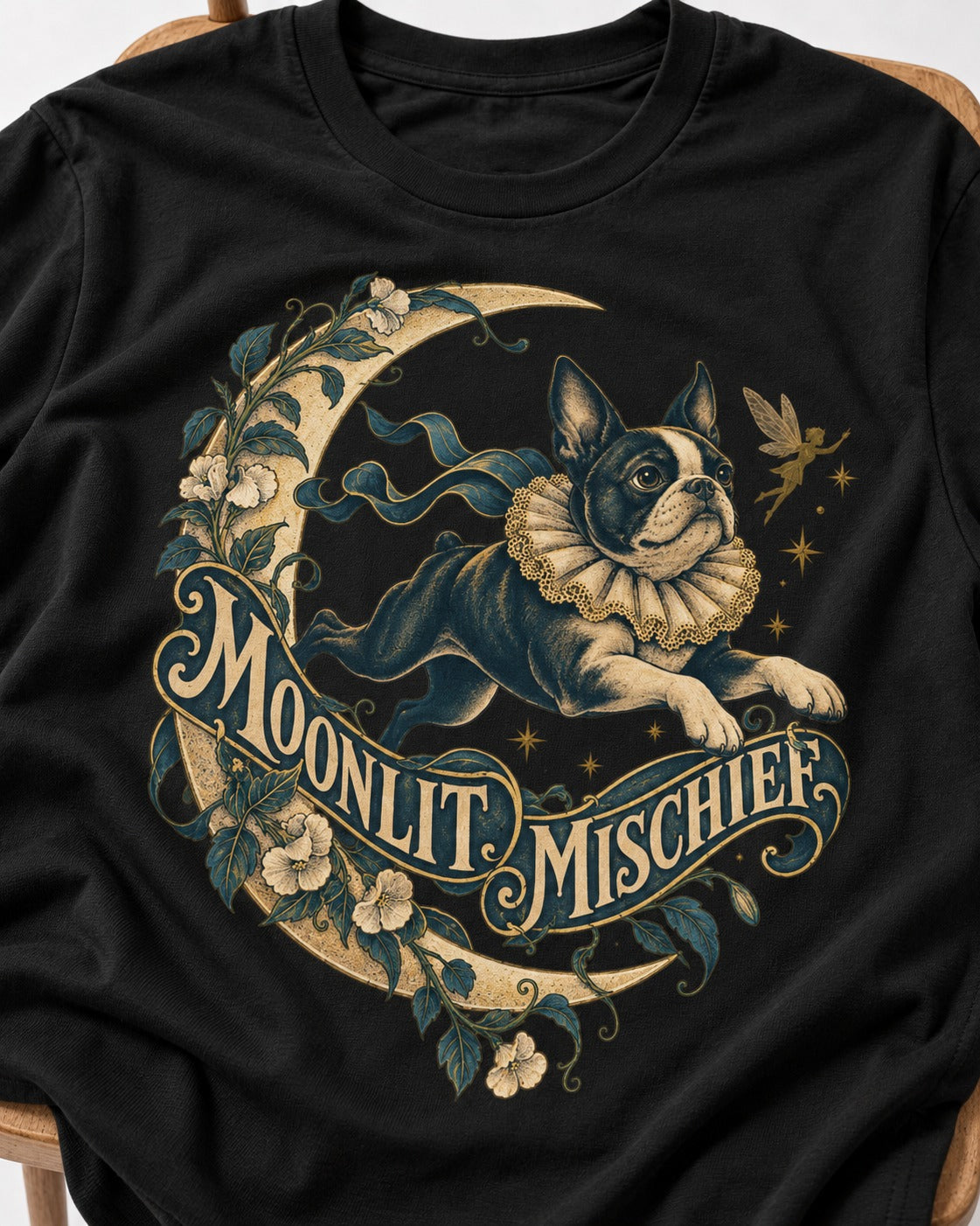 Boston Terrier Moonlit Mischief T-Shirt in Black, close-up of the graphic
