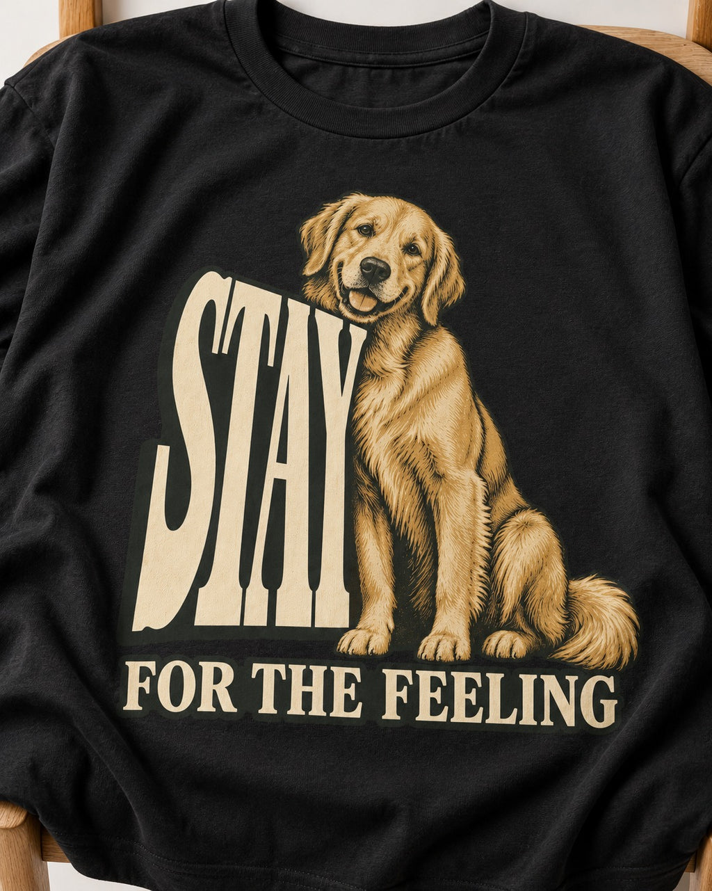 Golden Retriever Stay for the Feeling Leaning Puppy Graphic T-Shirt in Black, close-up of the graphic