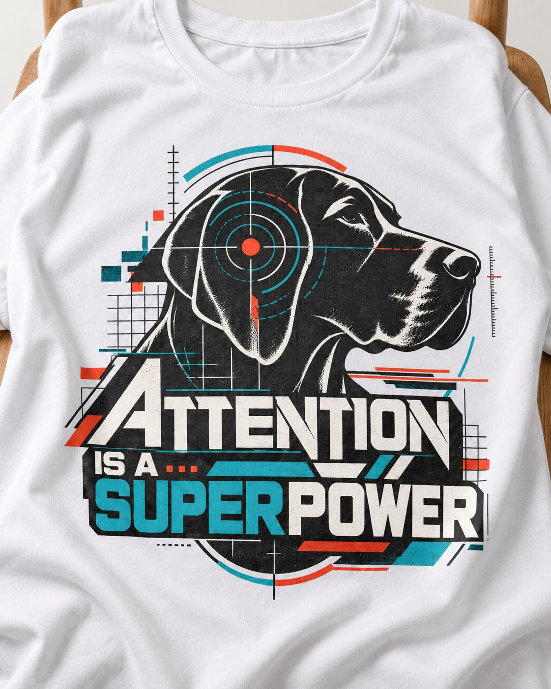 German Shorthaired Pointer Attention Is a Superpower T-Shirt in White, close-up of the graphic