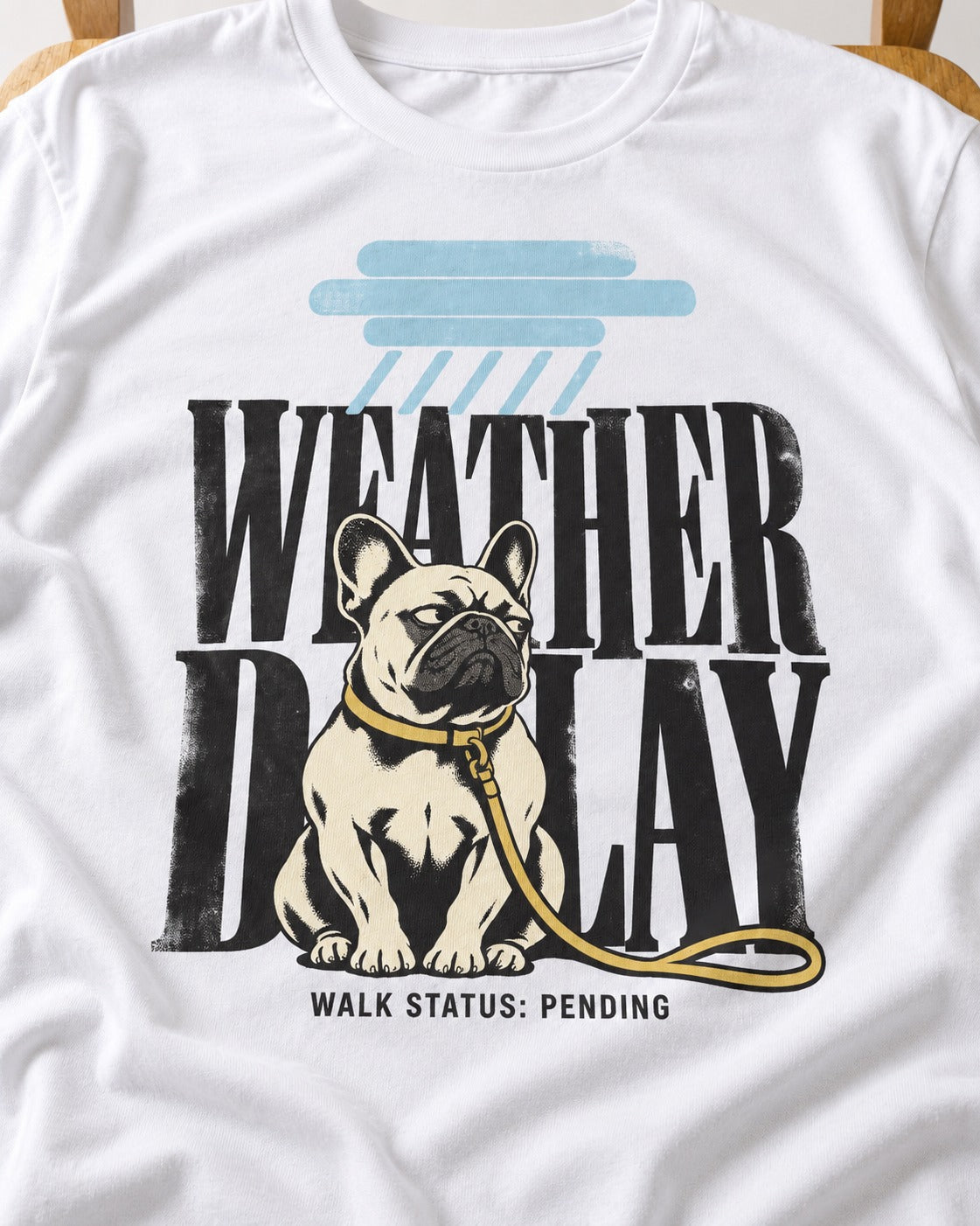 Frenchie Weather Delay T-Shirt in White, close-up of the graphic
