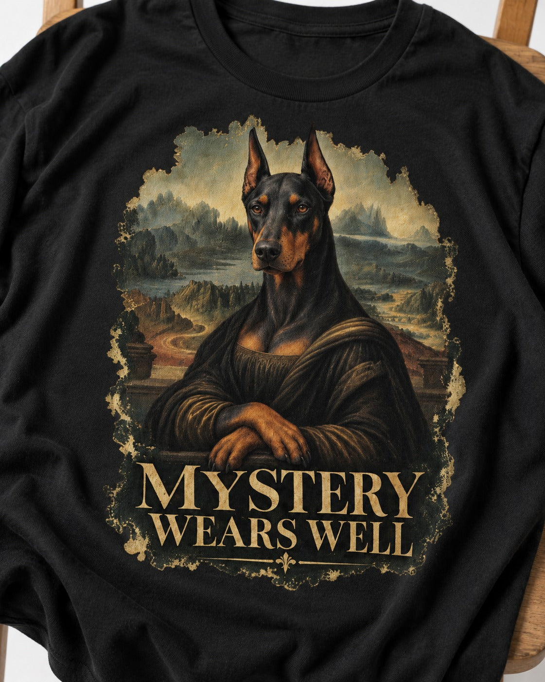 Doberman Mystery Wears Well Renaissance Portrait Graphic T-Shirt in Black, close-up of the graphic