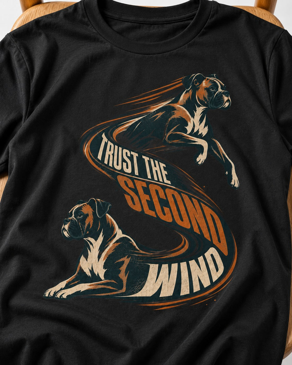 Trust the Second Wind Boxer Motion Graphic T-Shirt in Black, close-up of the graphic