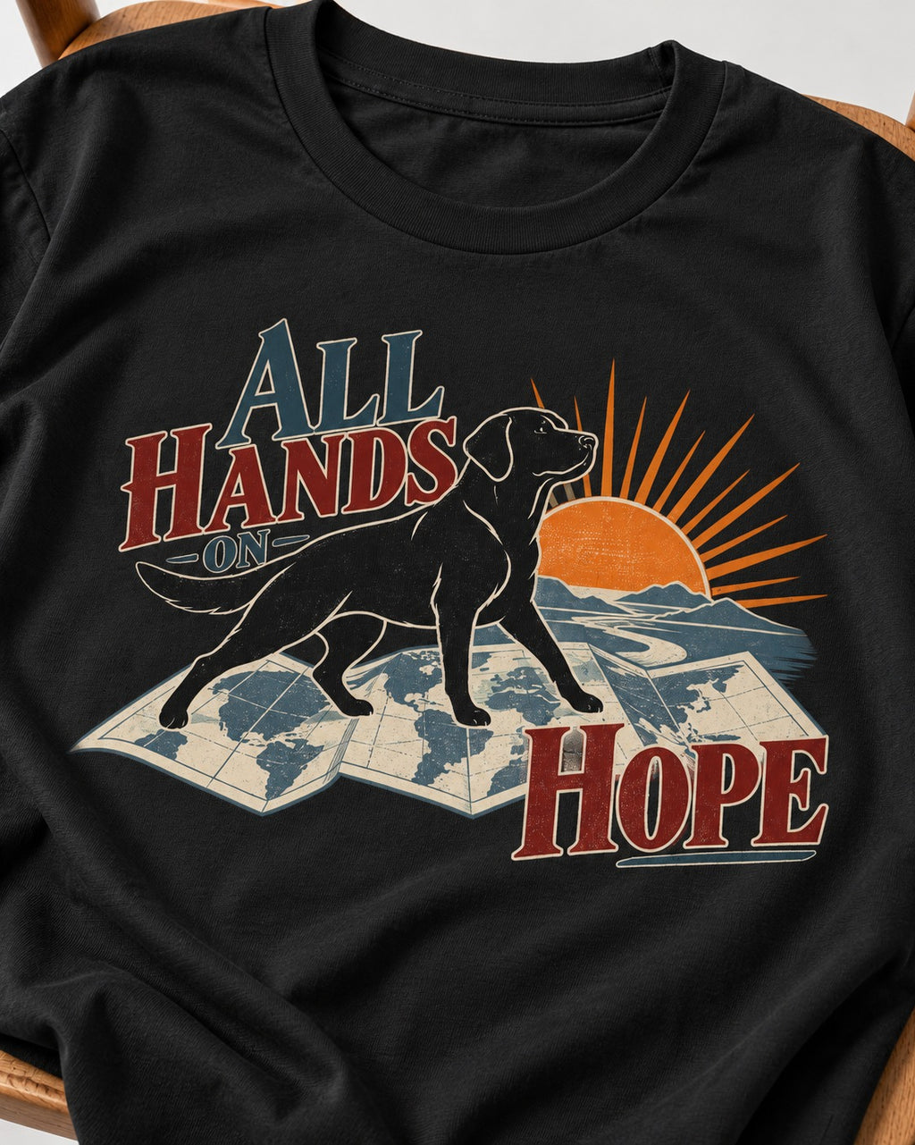 Labrador Retriever All Hands on Hope Map Sunrise Graphic T-Shirt in Black, close-up of the graphic