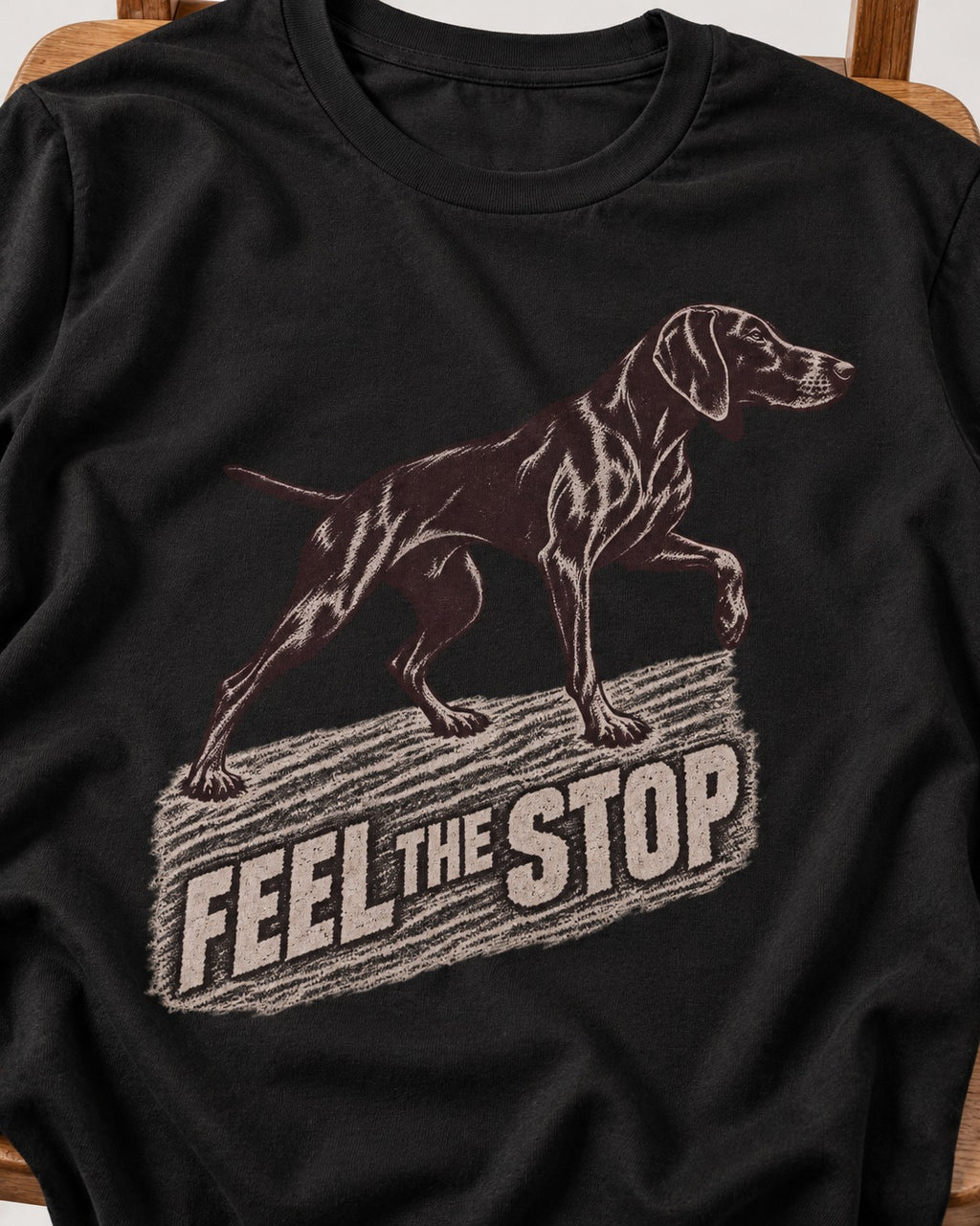 German Shorthaired Pointer Feel The Stop Frottage Graphic T-Shirt in Black, close-up of the graphic