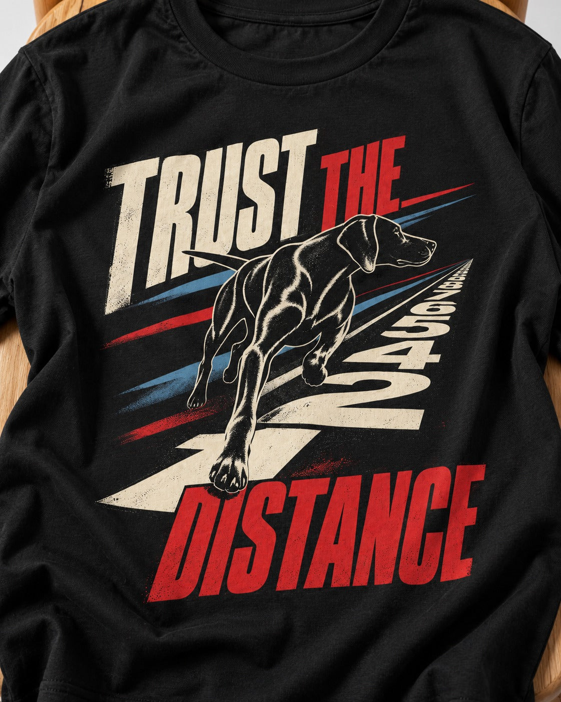 Trust the Distance German Shorthaired Pointer Graphic T-Shirt in Black, close-up of the graphic