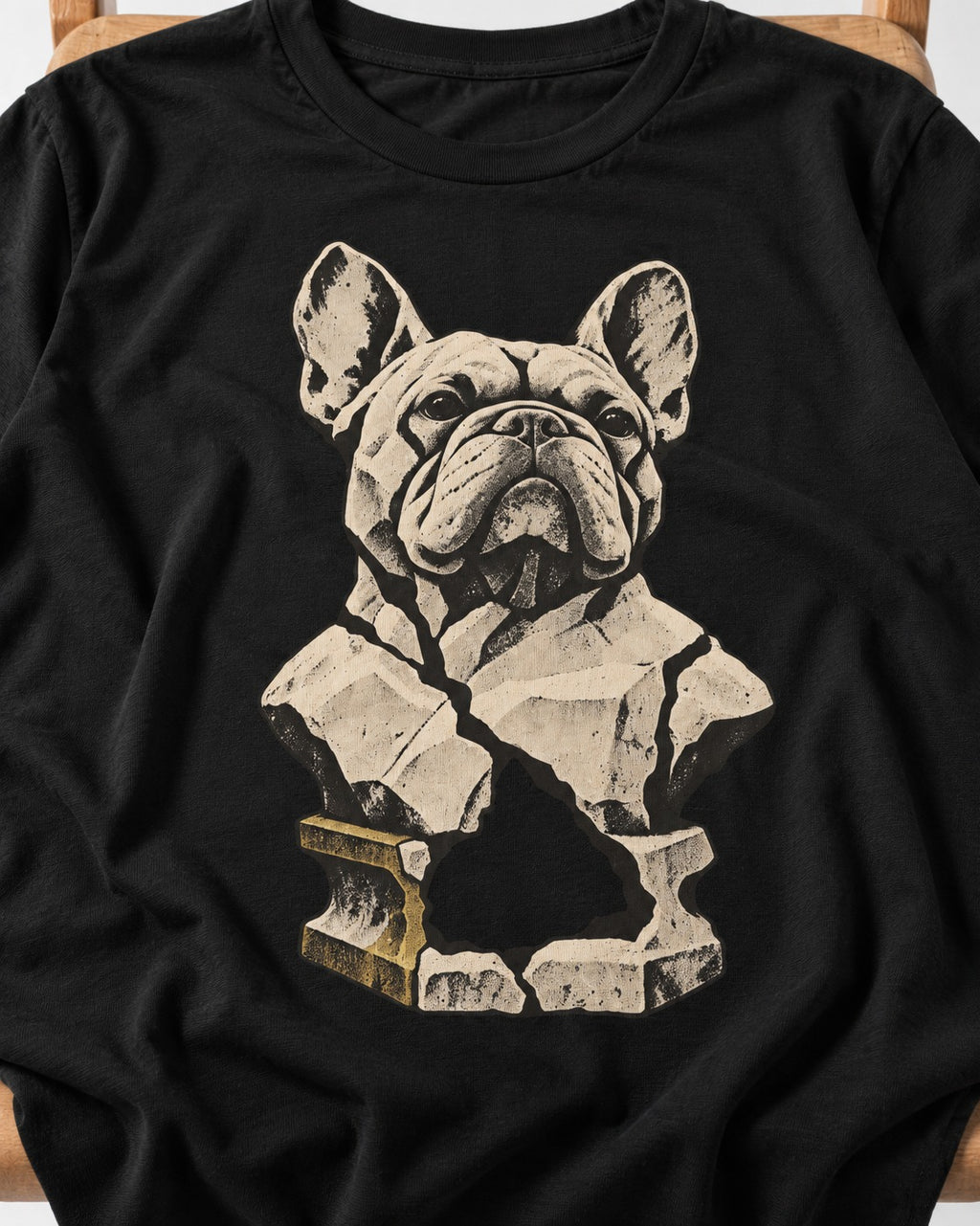 Frenchie Fractured Stone Bust Graphic T-Shirt in Black, close-up of the graphic