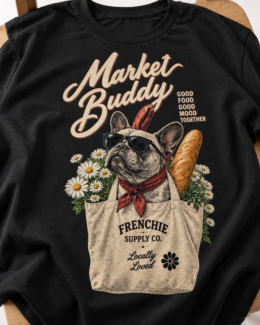 Frenchie Market Buddy Grocery Tote Graphic T-Shirt in Black, close-up of the graphic