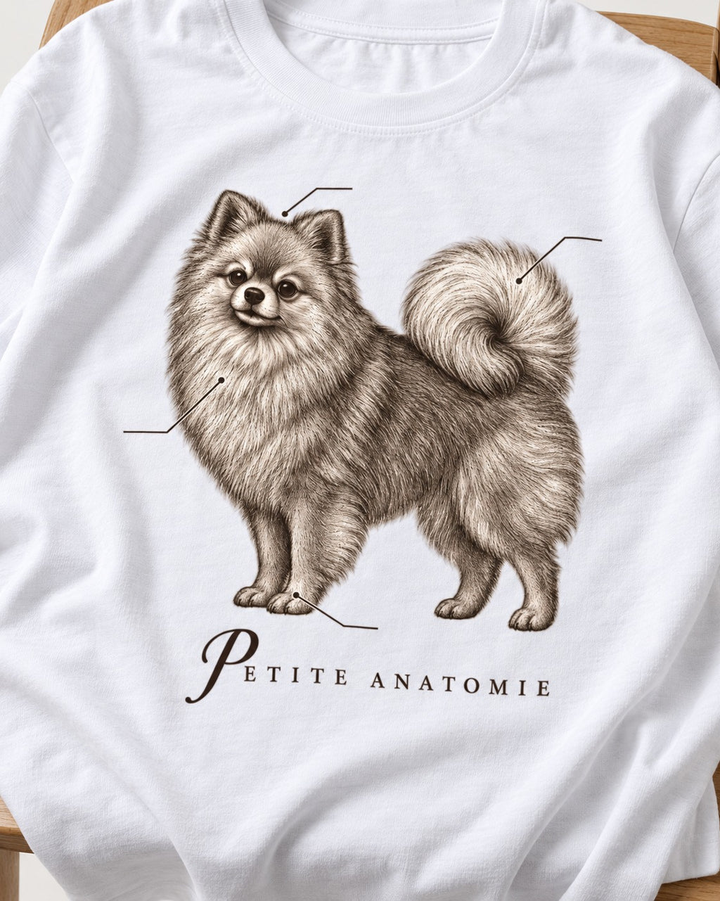 Pomeranian Petite Anatomie T-Shirt in White, close-up of the graphic