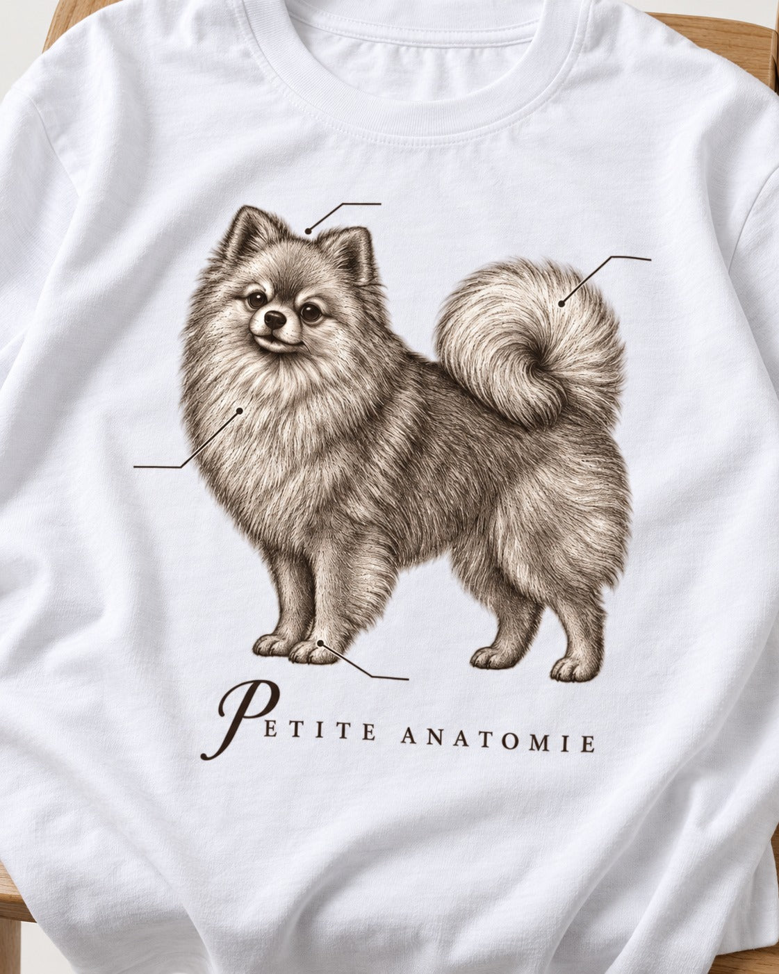 Pomeranian Petite Anatomie T-Shirt in White, close-up of the graphic