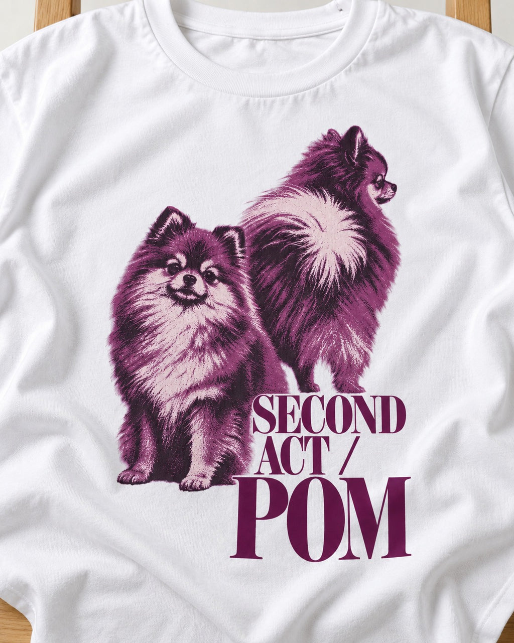 Second Act Pomeranian T-Shirt in White, close-up of the graphic