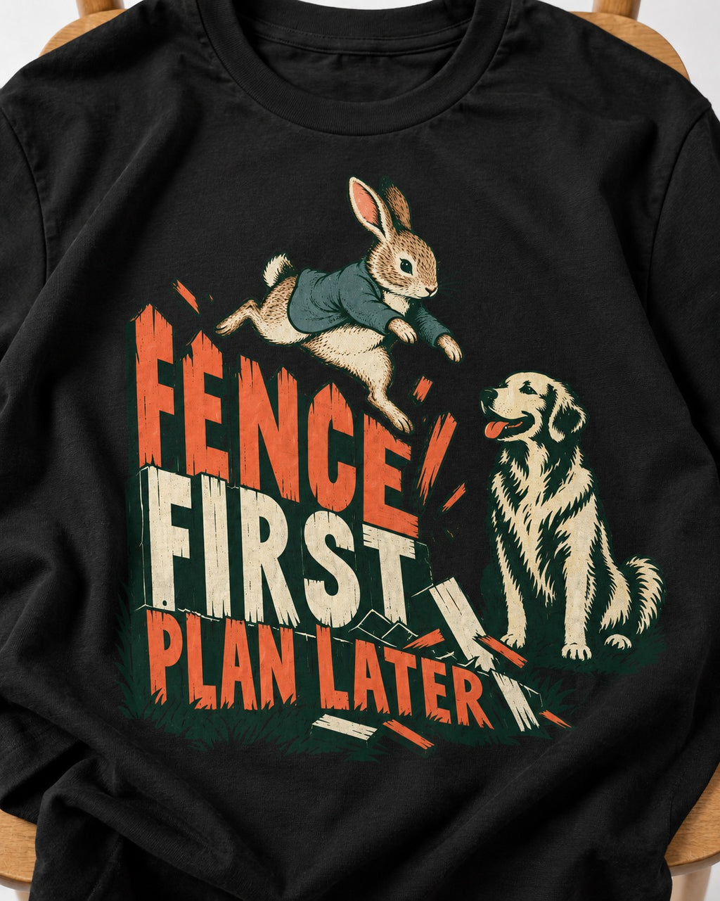 Golden Retriever Fence First Plan Later Rabbit Jump Graphic T-Shirt in Black, close-up of the graphic