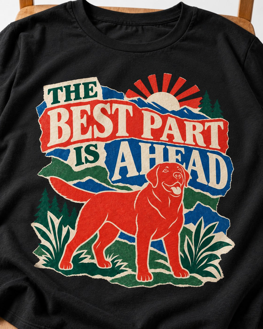 Labrador Retriever The Best Part Is Ahead Outdoor Graphic T-Shirt in Black, close-up of the graphic
