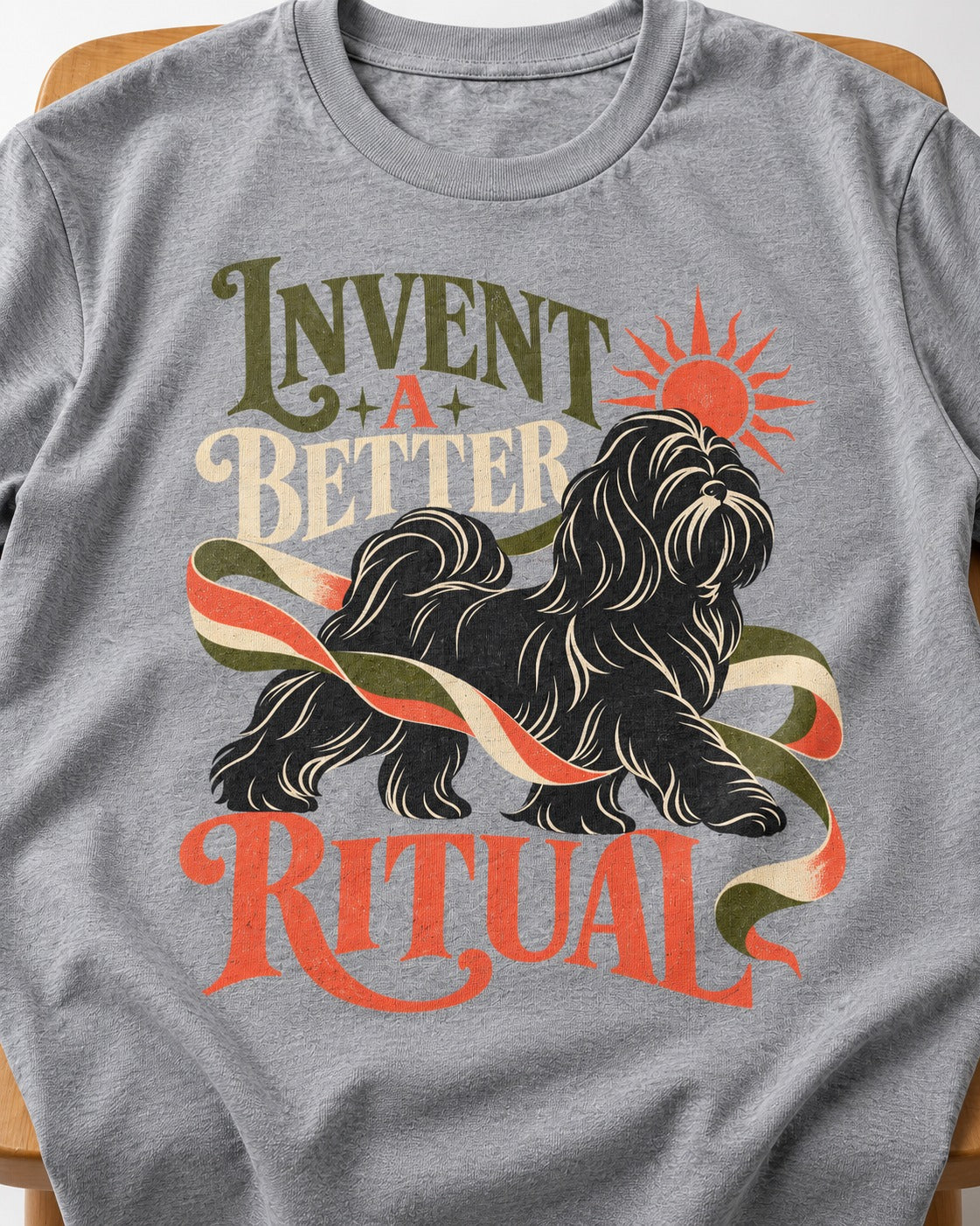 Shih Tzu Invent A Better Ritual Sunrise Ribbon Graphic T-Shirt in Sport Grey, close-up of the graphic