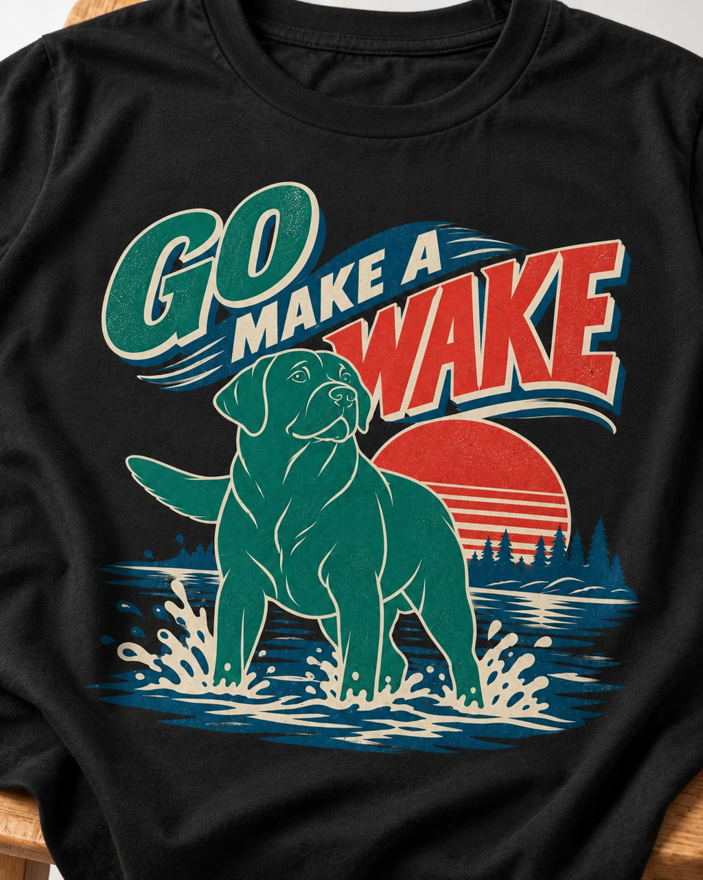 Labrador Retriever Go Make a Wake Lake Graphic T-Shirt in Black, close-up of the graphic