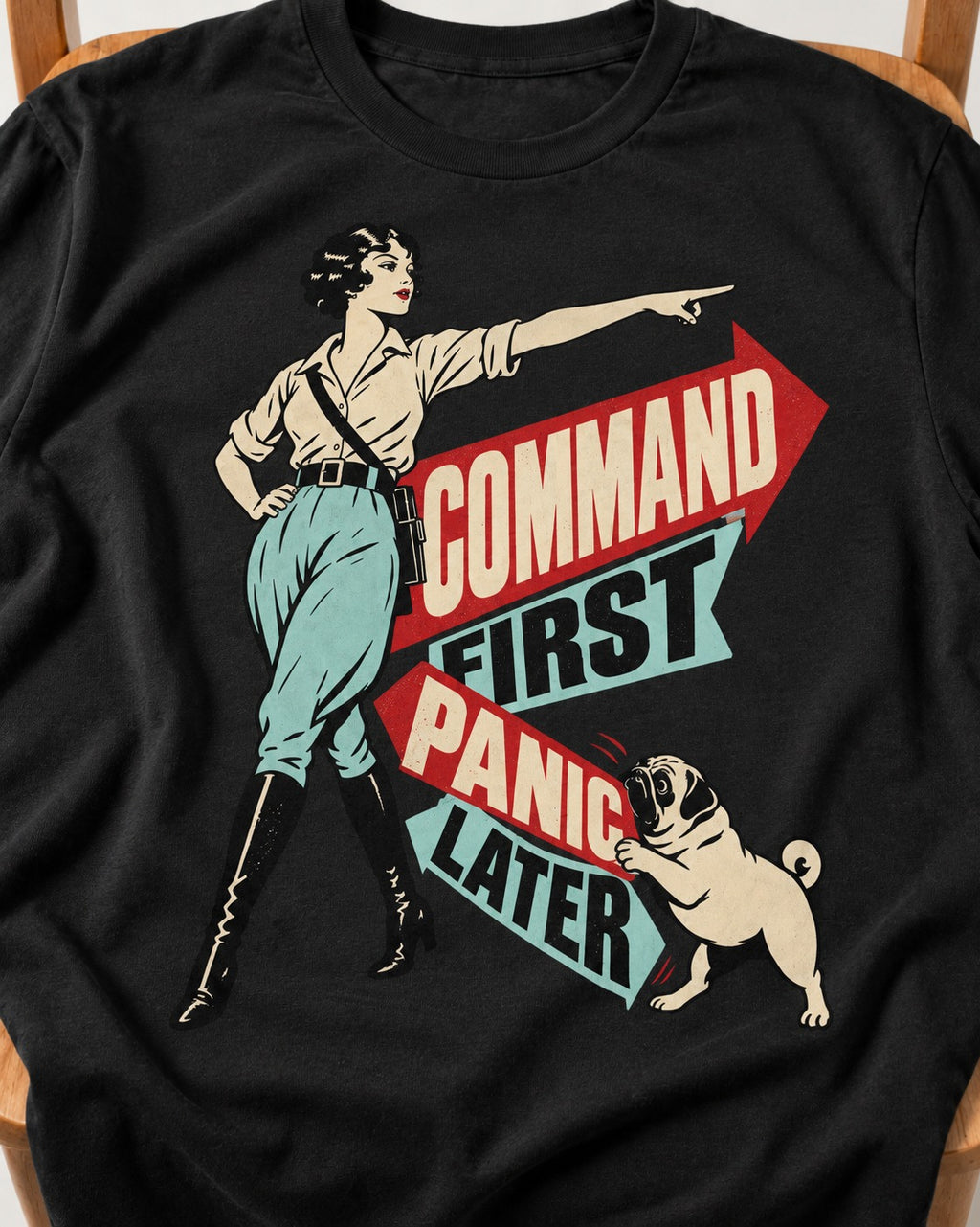 Pug Command First Panic Later Directional Graphic T-Shirt in Black, close-up of the graphic