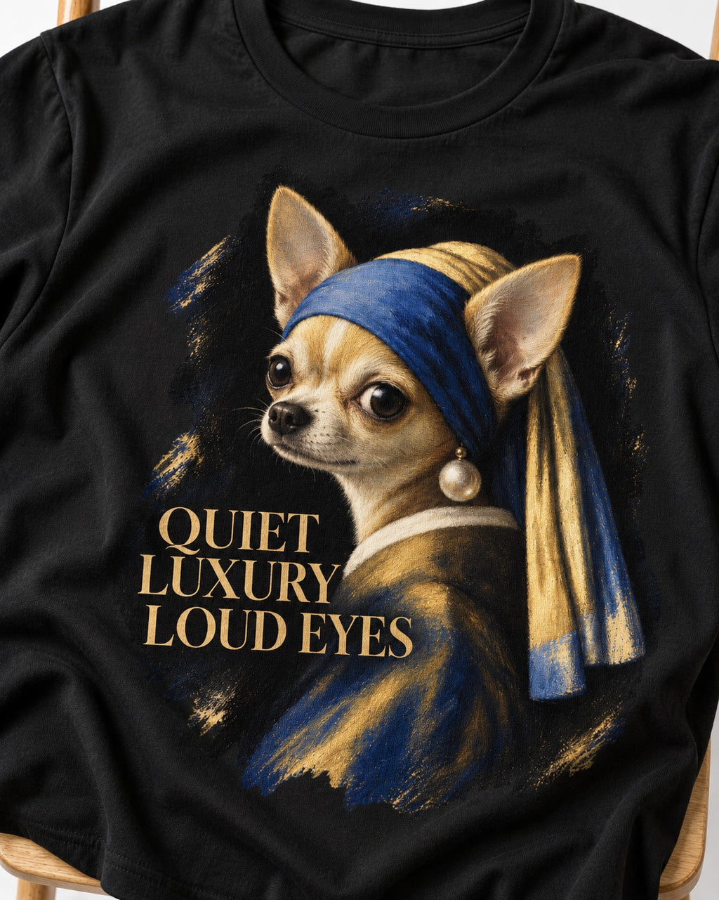 Chihuahua Quiet Luxury Loud Eyes Pearl Earring Portrait T-Shirt in Black, close-up of the graphic