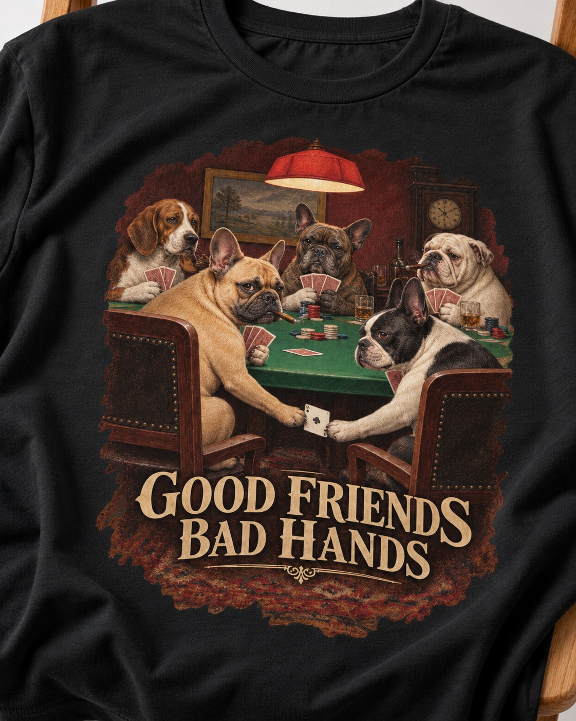 Frenchie Good Friends Bad Hands Poker Graphic T-Shirt in Black, close-up of the graphic