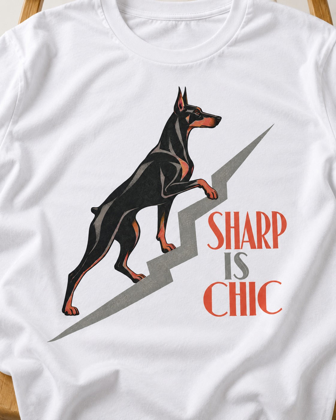 Doberman Is Chic T-Shirt in White, close-up of the graphic