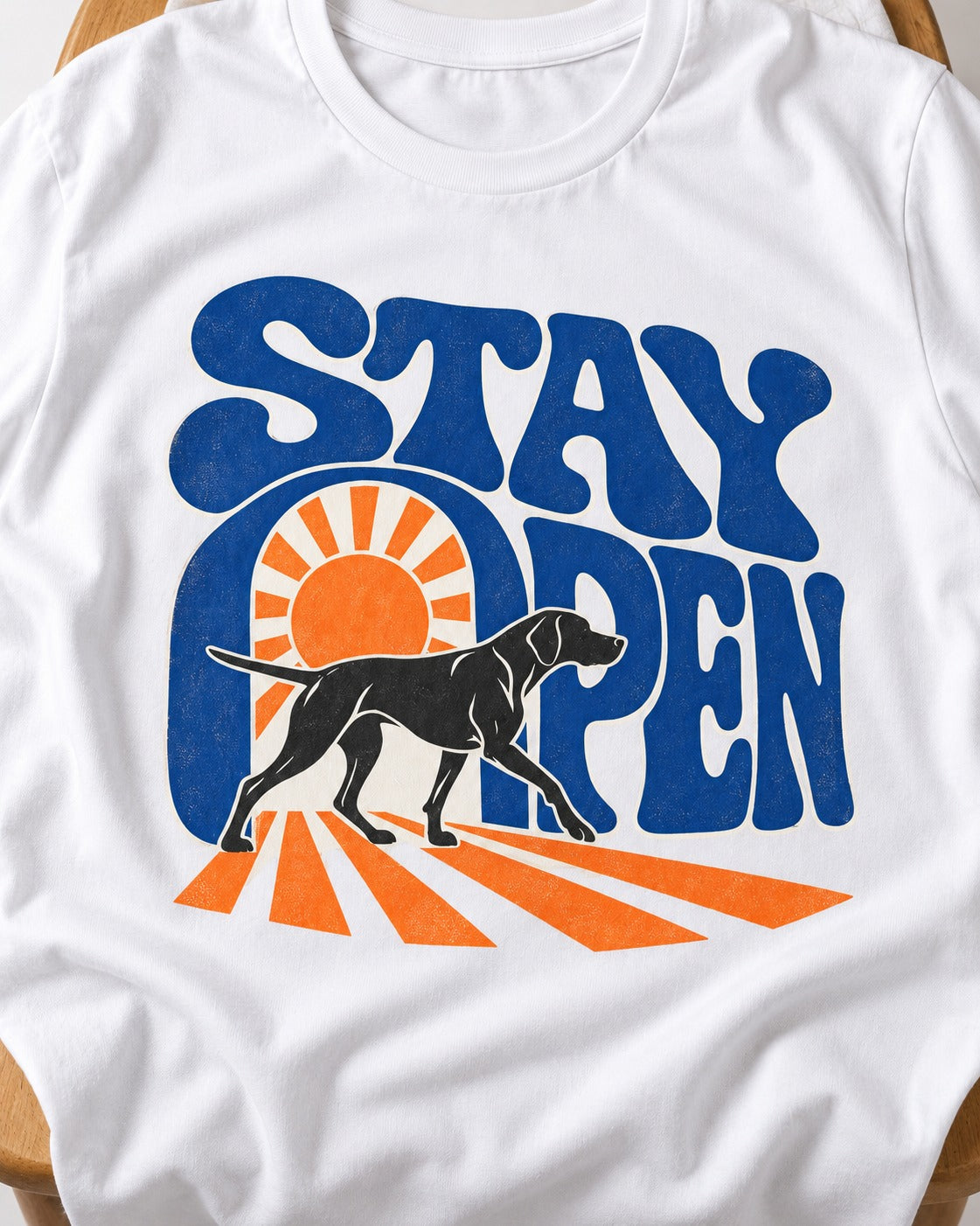 Stay Open German Shorthaired Pointer T-Shirt in White, close-up of the graphic