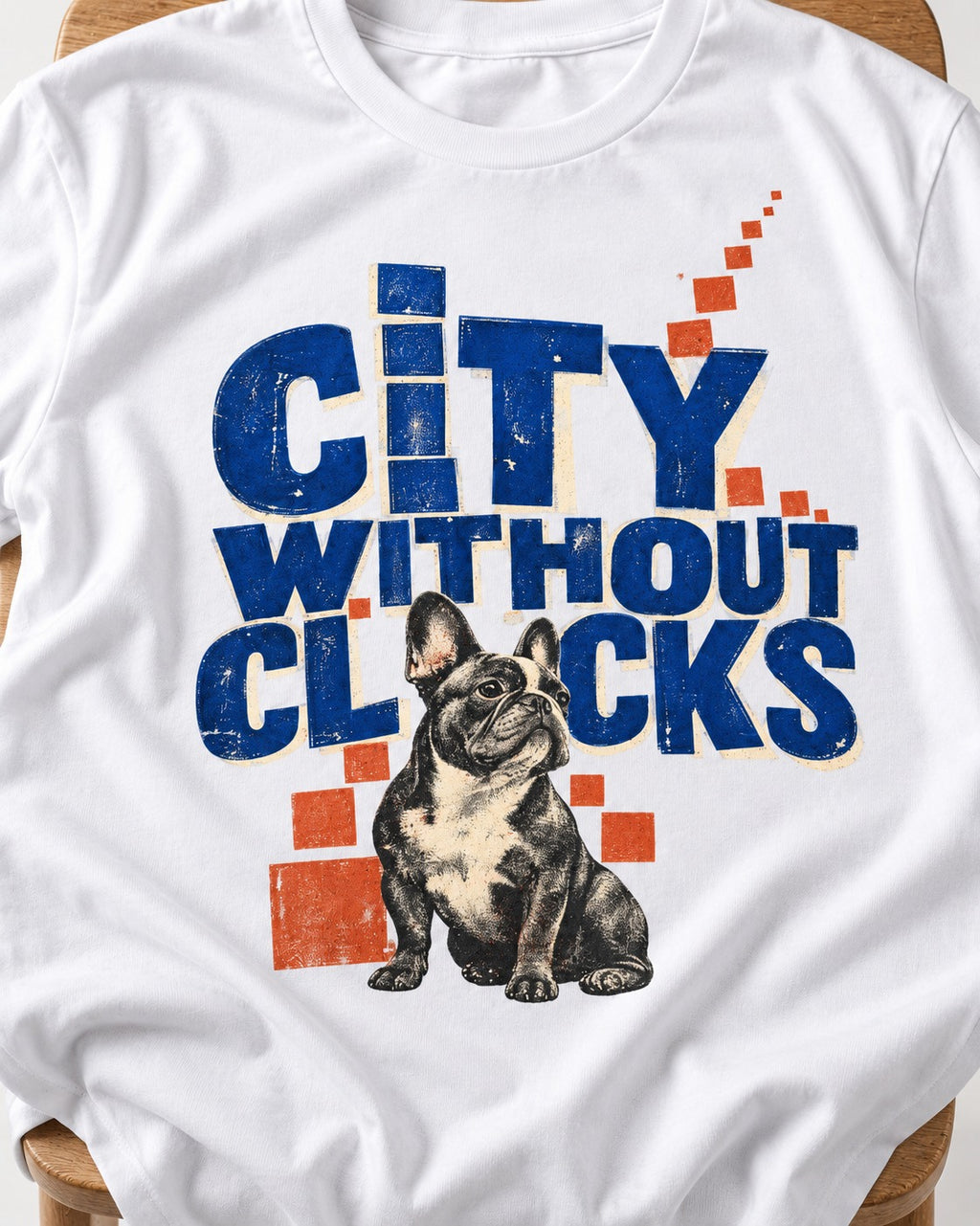 Frenchie's City Without Clocks T-Shirt in White, close-up of the graphic