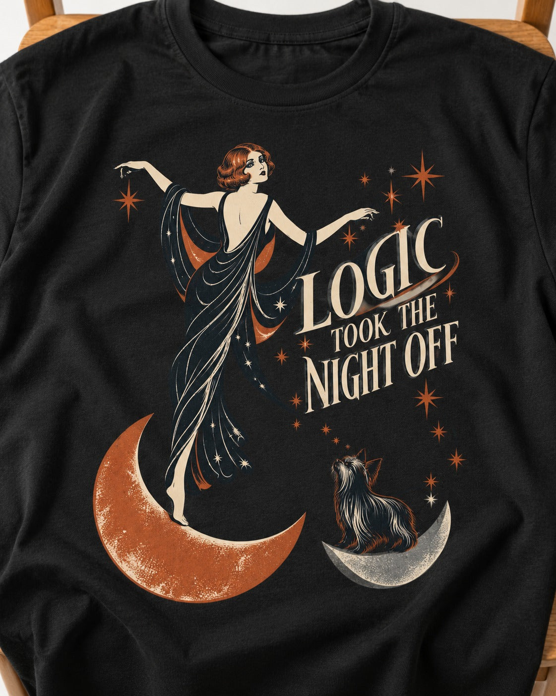 Yorkshire Terrier Logic Took the Night Off Art Deco Graphic T-Shirt in Black, close-up of the graphic