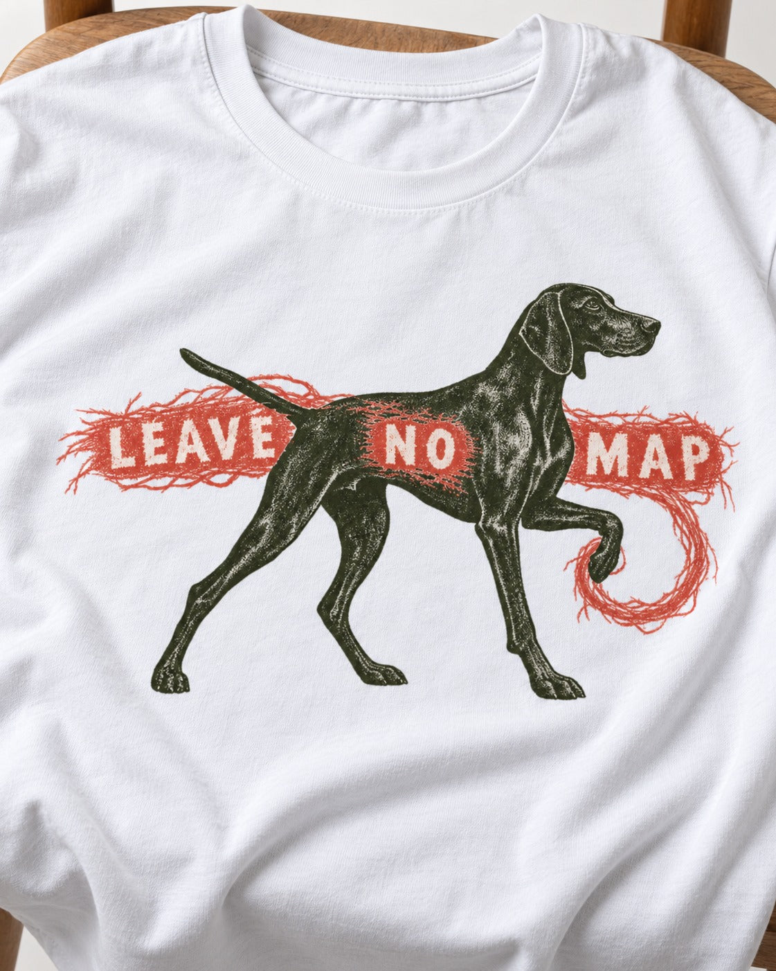 Leave No Map German Shorthaired Pointer T-Shirt in White, close-up of the graphic