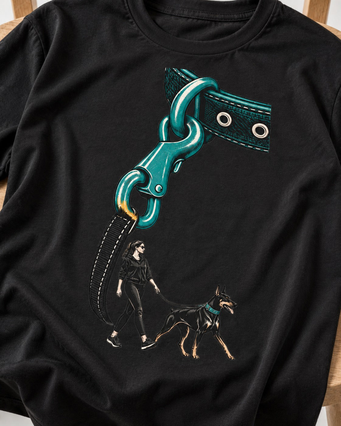 Doberman Oversized Leash Hardware Walk Graphic T-Shirt in Black, close-up of the graphic