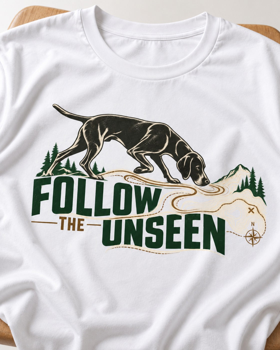 Follow the Unseen German Shorthaired Pointer T-Shirt in White, close-up of the graphic