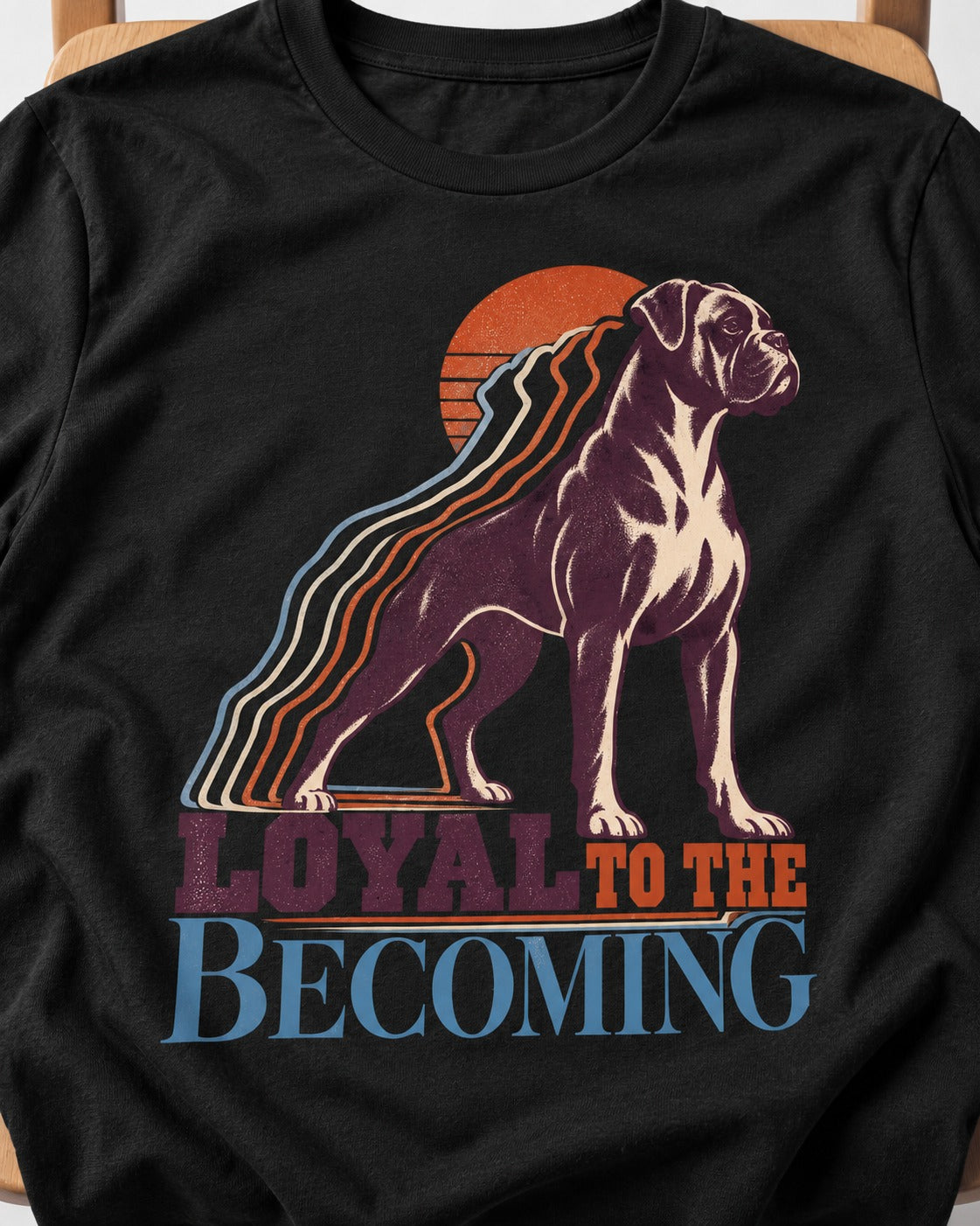 Boxer Loyal to the Becoming T-Shirt in Black, close-up of the graphic