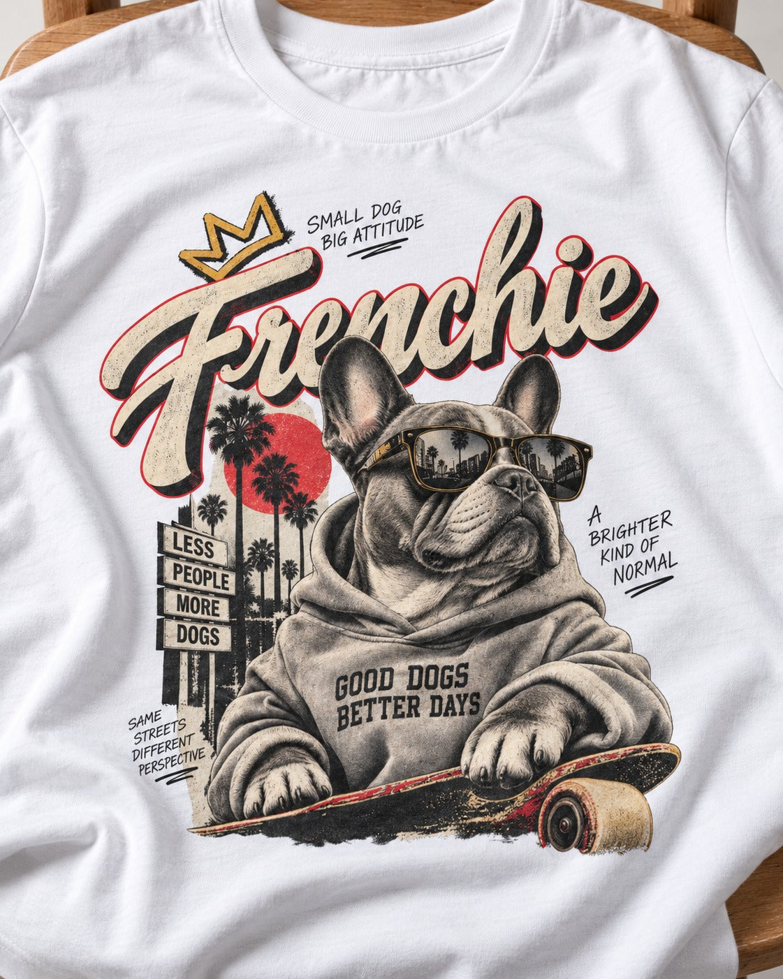 Frenchie Better Days T-Shirt in White, close-up of the graphic