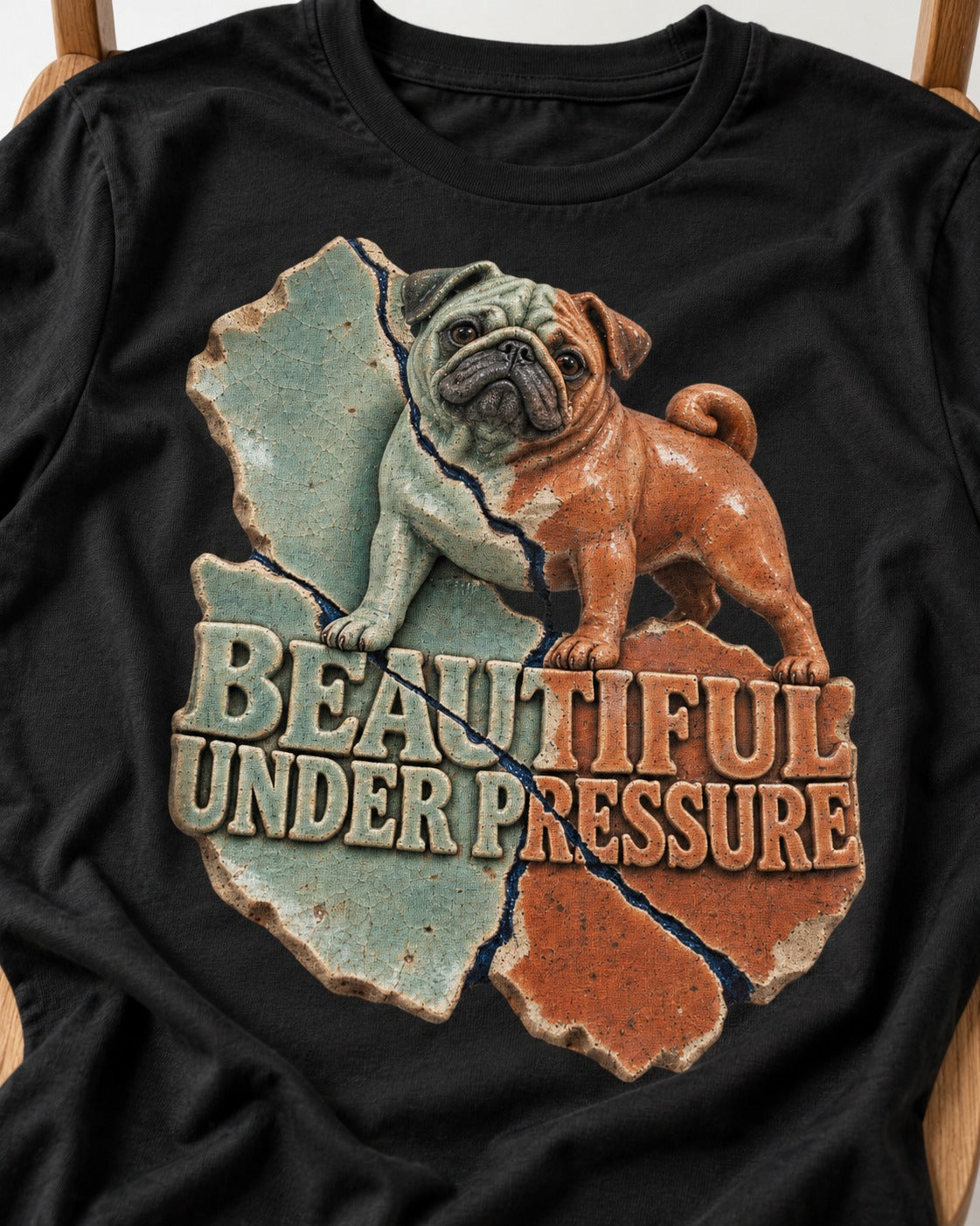 Pug Beautiful Under Pressure Cracked Ceramic Graphic T-Shirt in Black, close-up of the graphic