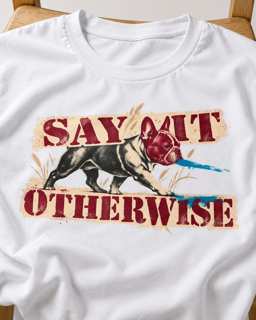Say It Otherwise Frenchie T-Shirt in White, close-up of the graphic
