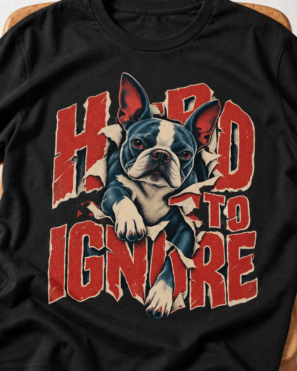 Hard to Ignore Boston Terrier Graphic T-Shirt in Black, close-up of the graphic