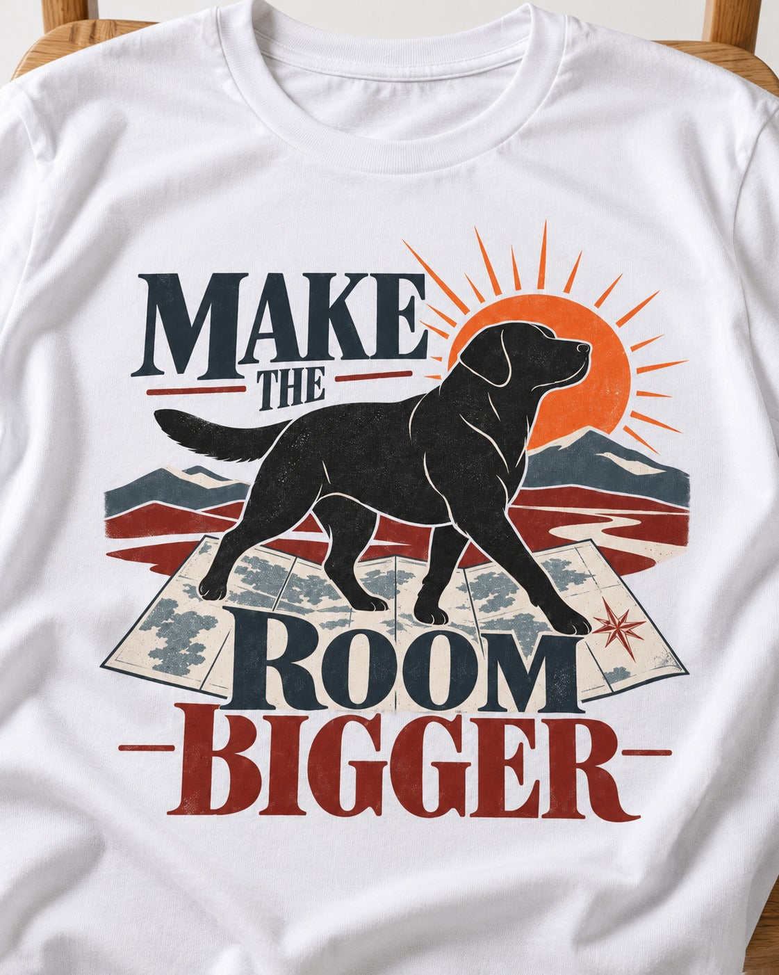 Make the Room Bigger Labrador Retriever T-Shirt in White, close-up of the graphic