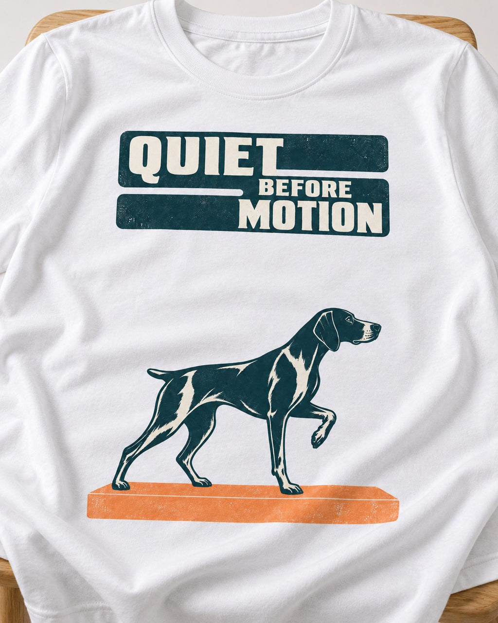 Quiet Before Motion German Shorthaired Pointer T-Shirt in White, close-up of the graphic