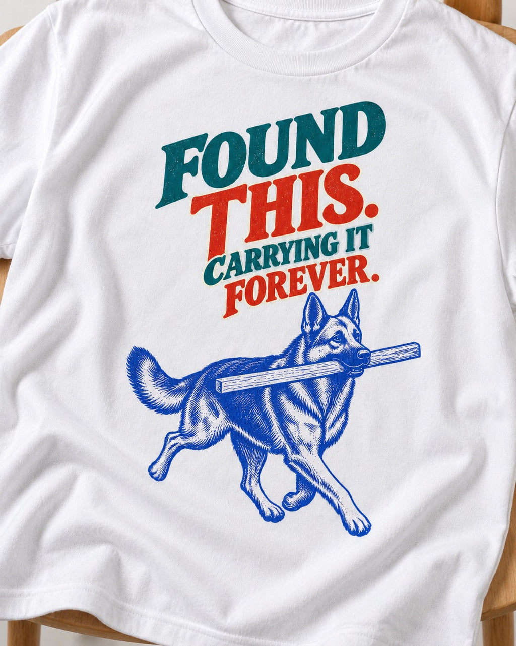 German Shepherd Dog Carrying It Forever T-Shirt in White, close-up of the graphic