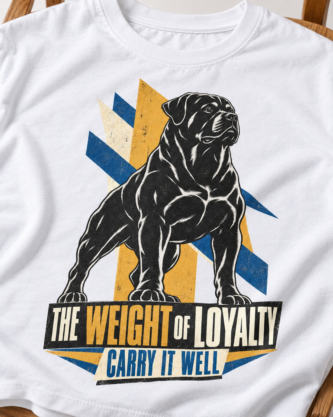Rottweiler Weight of Loyalty T-Shirt in White, close-up of the graphic