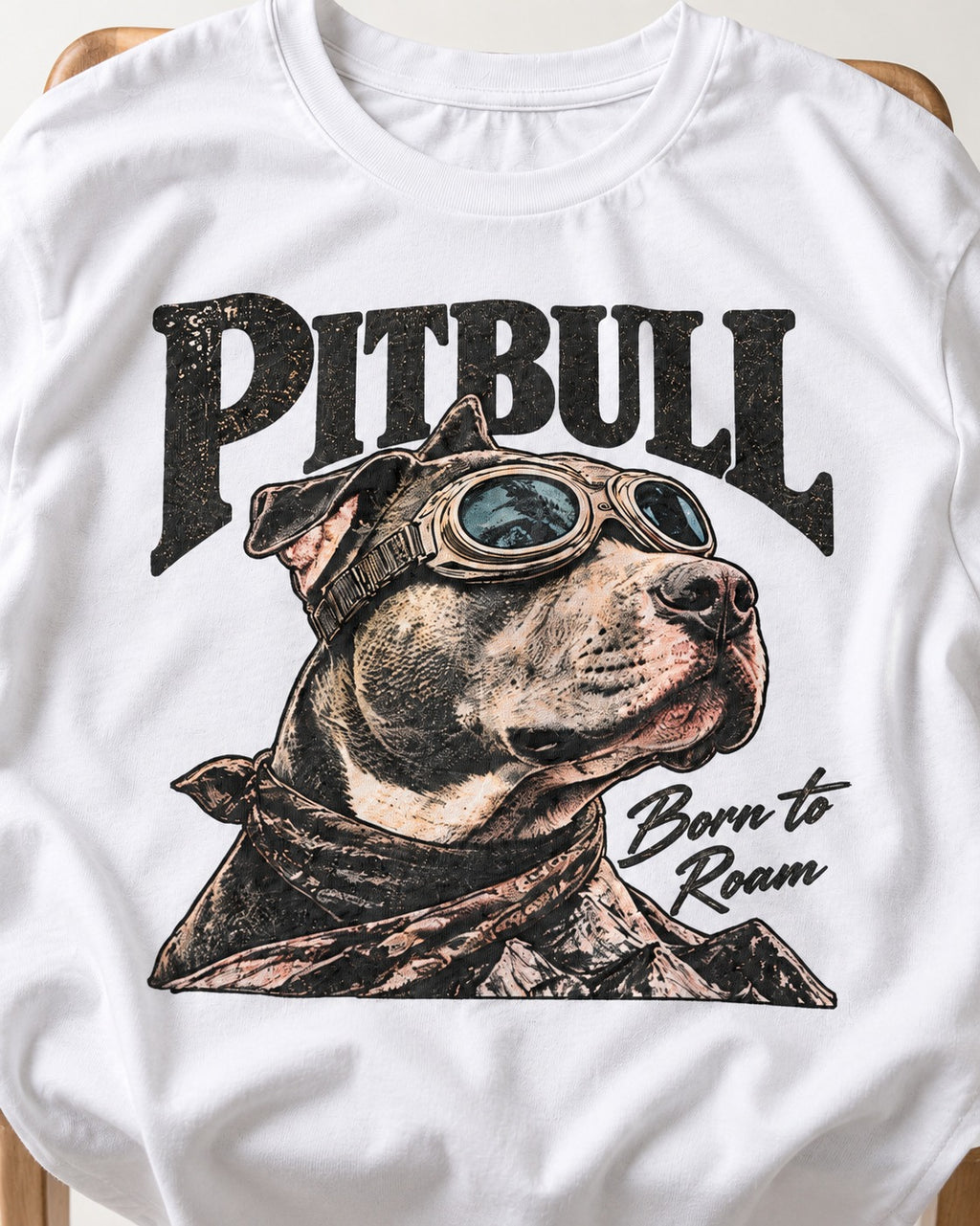 Pitbull Born to Roam T-Shirt in White, close-up of the graphic