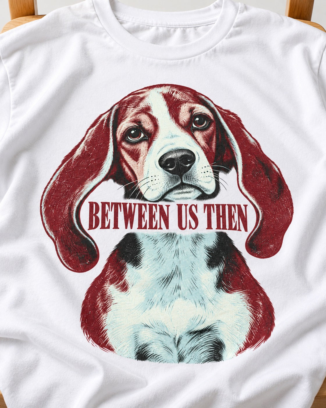 Beagle Between Us Then T-Shirt in White, close-up of the graphic