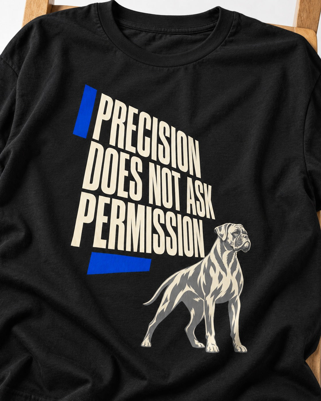 Precision Does Not Ask Permission Boxer T-Shirt in Black, close-up of the graphic