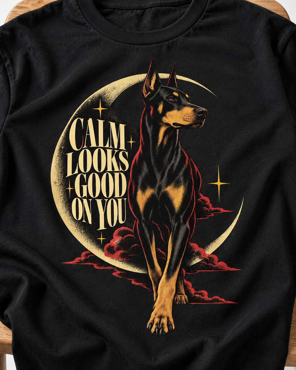Doberman Calm Looks Good on You Crescent Graphic T-Shirt in Black, close-up of the graphic